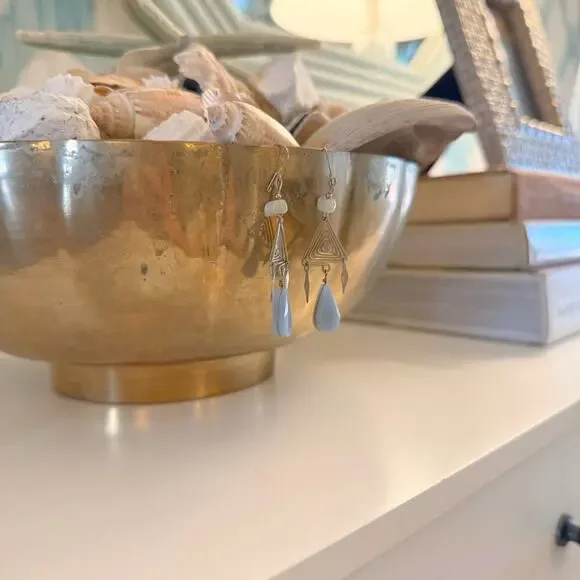 Artisan Geometric Silver Toned Dangle Spiral Triangle Blue Chalcedony - Picture 4 of 9